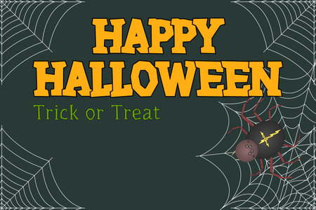 A spooky Halloween greeting card featuring a spider on a web with Happy Halloween text. Perfect for seasonal decor and invitations.のイラスト素材