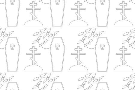 A spooky Halloween graveyard coloring page featuring bats, coffins, and crosses. Perfect for kids creative holiday projects.のイラスト素材
