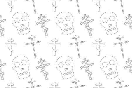 Black and white Halloween-themed pattern with skulls and crosses, perfect for a spooky coloring page or design project.のイラスト素材