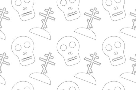 A spooky Halloween coloring page featuring skulls and graves. Perfect for a fun and creepy activity for kids during the Halloween season.のイラスト素材