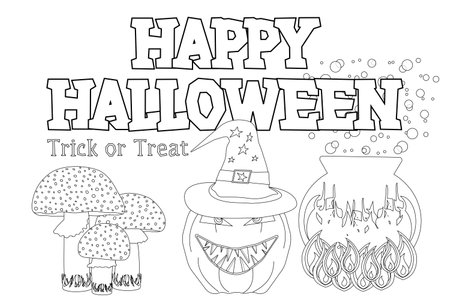A spooky Halloween coloring page featuring a witches pumpkin, cauldron, and mushrooms. Fun for kids creative Halloween activities.のイラスト素材
