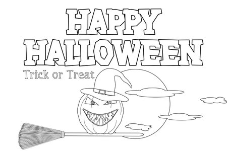Fun Halloween coloring page featuring a pumpkin witch flying on a broom with the moon and clouds in the background. Perfect for kids and adults.のイラスト素材