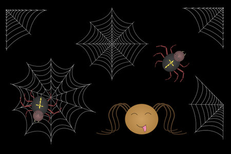 A Halloween vector set featuring spiders, webs, and a playful smiley face. Perfect for festive designs, decorations, and crafts.のイラスト素材