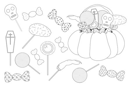 Fun Halloween-themed coloring page featuring spooky candies, lollipops, and sweets in a pumpkin. Perfect for creative Halloween activities.のイラスト素材