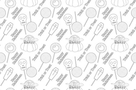 A fun Halloween-themed coloring page with a seamless pattern of candy, lollipops, and spooky treats. Perfect for kids creative activities.のイラスト素材