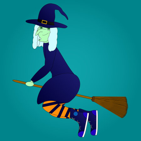 Colorful illustration of a witch flying on a broomstick, perfect for Halloween-themed designs, invitations, and spooky decorations.のイラスト素材
