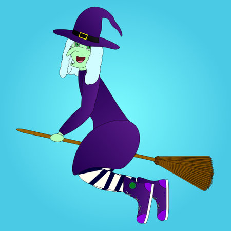 Colorful cartoon illustration of a witch flying on a broomstick. Perfect for Halloween-themed designs, cards, and festive projects.のイラスト素材