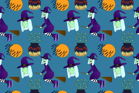 Seamless Halloween pattern featuring witches on brooms, bats, cauldrons, and a spooky full moon. Perfect for festive backgrounds and decorations.のイラスト素材