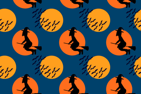 Seamless Halloween pattern featuring witch silhouettes on brooms with bats against a moonlit sky. Perfect for spooky-themed designs.のイラスト素材
