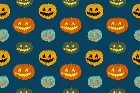 Colorful jack-o-lanterns in a seamless Halloween pattern. Perfect for festive decor, party invitations, and spooky designs.のイラスト素材