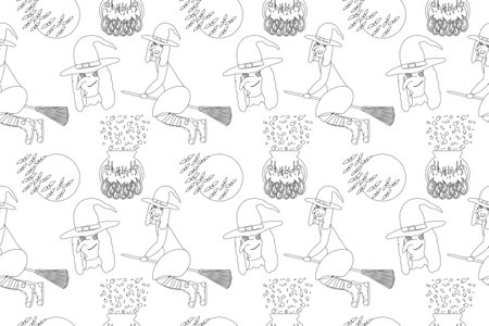 Black and white Halloween-themed coloring page featuring witches, cauldrons, bats, and spooky elements. Great for kids and adult coloring fun.のイラスト素材