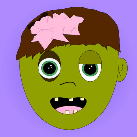 Spooky cartoon zombie face illustration with brain exposed. Perfect for Halloween designs, decorations, and childrens Halloween activities.のイラスト素材