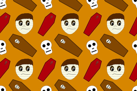 Seamless Halloween pattern with mummies, skulls, and coffins on an orange background. Ideal for holiday designs, wrapping paper, and decor.のイラスト素材