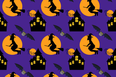 Spooky seamless Halloween pattern with witches on broomsticks, haunted castles, bats, and a full moon on a purple background. Perfect for Halloween decor.のイラスト素材