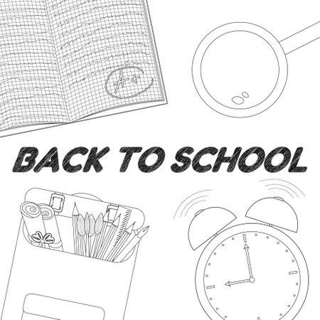 Black and white coloring page with school supplies like backpack, clock, and notebook. Perfect for kids back-to-school fun activities.のイラスト素材