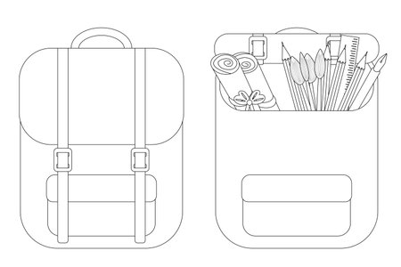Detailed back-to-school coloring page featuring open and closed backpacks. Perfect for kids and school-themed projects.のイラスト素材