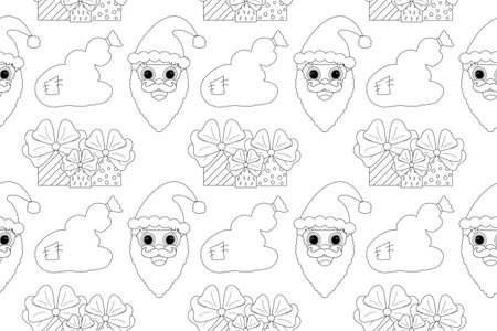 Seamless black-and-white Christmas pattern featuring Santa Claus, gift bags, and presents with bows. Perfect for holiday coloring fun.のイラスト素材