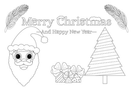 Festive Christmas coloring page featuring Santa, tree, gifts, and Merry Christmas text, perfect for kids holiday activities.のイラスト素材