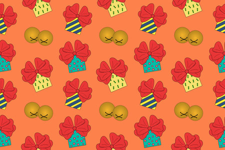 Seamless pattern of colorful gifts with bows and golden bells. Ideal for holiday backgrounds, Christmas wrapping paper, and New Year decor.のイラスト素材