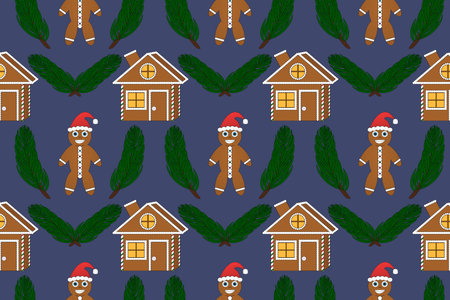 Festive seamless pattern featuring gingerbread men, houses, and pine branches. Perfect for Christmas and New Years decorations.のイラスト素材