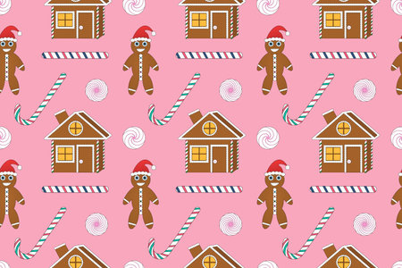 Seamless Christmas pattern featuring gingerbread houses, candy canes, and festive treats. Perfect for holiday wrapping paper and designs.のイラスト素材