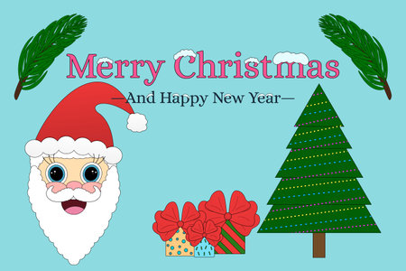 Festive illustration featuring Santa Claus, a decorated Christmas tree, and gift boxes. Perfect for celebrating Christmas and New Year.のイラスト素材