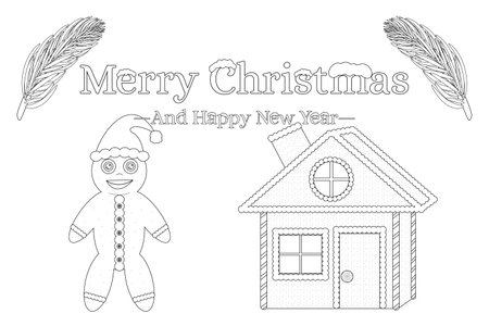 Fun Christmas coloring page featuring a gingerbread man, house, and festive greeting. Perfect for holiday coloring activities for kids and adults.のイラスト素材