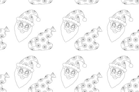 Seamless Christmas coloring pattern featuring Santa Claus and decorative gift bags. Perfect for holiday-themed creative projects.のイラスト素材