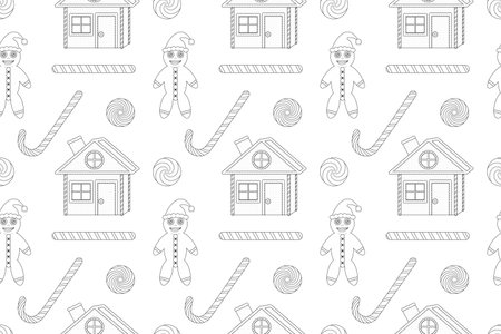 Festive Christmas coloring page with gingerbread, candy canes, and holiday treats. Perfect for kids and adults to enjoy the holiday spirit.のイラスト素材