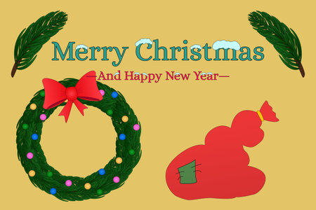 Festive Christmas greeting with a wreath, red gift bag, and holiday decorations on a dark background. Perfect for holiday cards and decor.のイラスト素材