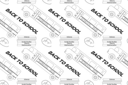 Simple back-to-school themed coloring page with buses, books, and educational elements. Great for kids and classroom activities.のイラスト素材