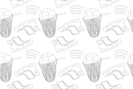 Seamless black and white pattern with basketball elements and back-to-school text. Perfect for kids coloring and school projects.のイラスト素材