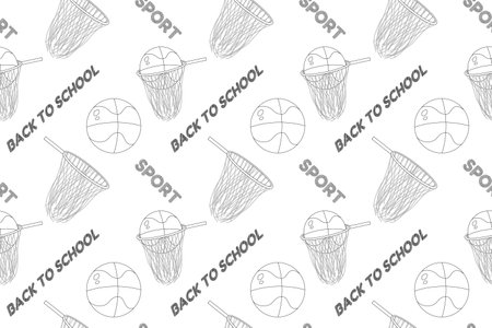 Seamless black and white pattern with basketball elements and back-to-school text. Perfect for kids coloring and school projects.のイラスト素材