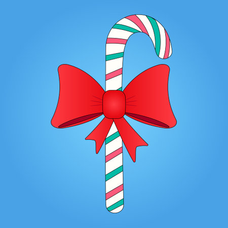 Festive candy cane with a red bow, perfect for holiday designs, Christmas decorations, and New Years Eve themes.のイラスト素材