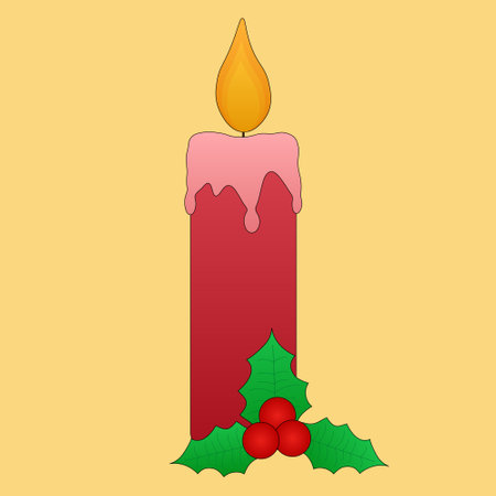 Festive illustration of a Christmas candle adorned with holly and berries. Perfect for holiday designs, greeting cards, and decor.のイラスト素材