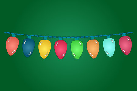 Colorful string lights vector illustration on a green background, perfect for Christmas and New Years holiday decoration designs.のイラスト素材