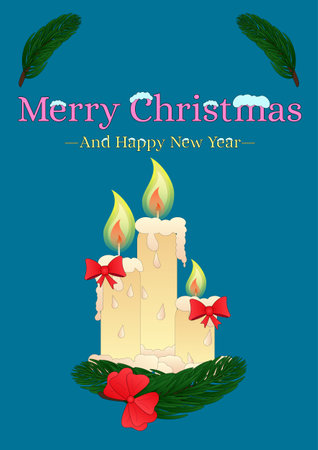 Festive greeting card with Christmas candles, evergreen branches, and holiday wishes. Perfect for celebrating the holiday season. For A3 paper size.のイラスト素材