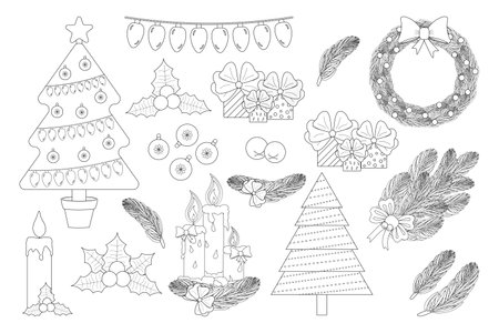 Festive Christmas coloring page featuring trees, candles, ornaments, gifts, and holiday decorations. Perfect for kids creative fun.のイラスト素材