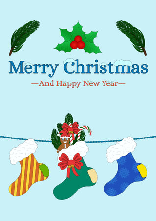 Festive Christmas and New Year postcard with holly, stockings, pine branches, and holiday greetings on a blue background. A3 postcard.のイラスト素材