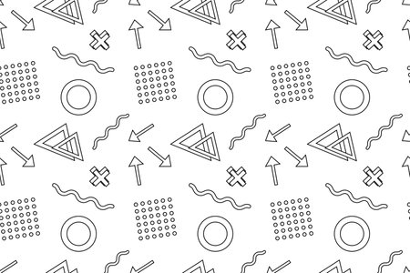 Seamless black and white pattern featuring arrows, circles, triangles, wavy lines, and dotted grids.のイラスト素材