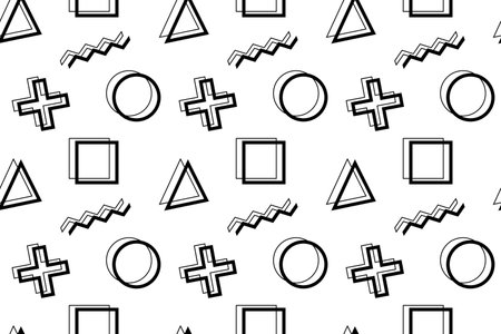 Black and white pattern featuring abstract geometric shapes such as triangles, circles, squares, crosses, and zigzags.のイラスト素材