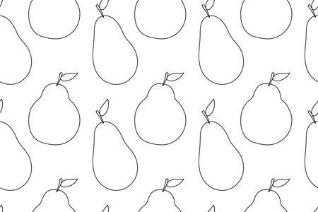 Seamless black and white pattern featuring pears with leaves in minimalistic line art style. Ideal for coloring pages.のイラスト素材