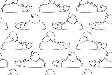 Black and white seamless coloring page featuring cute hedgehogs carrying apples and mushrooms, perfect for creative designs.のイラスト素材