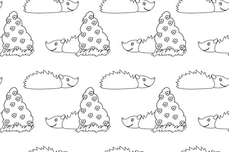 Black and white seamless pattern featuring cute hedgehogs and flowering bushes in line art style. Perfect for coloring books.のイラスト素材