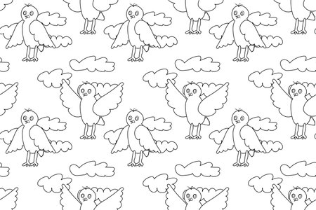 Seamless black and white pattern featuring birds and clouds, perfect for coloring books and creative activities.のイラスト素材