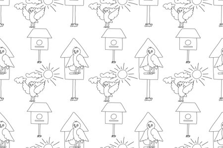Seamless black and white pattern of birds with birdhouses, clouds, and suns, ideal for coloring books and creative use.のイラスト素材