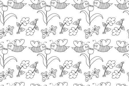 Charming black and white seamless pattern featuring bees, butterflies, tulips, and flowers, ideal for coloring books.のイラスト素材