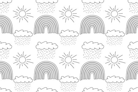 Hand-drawn seamless pattern with rainbows, clouds, raindrops, and suns, designed for coloring purposes.のイラスト素材