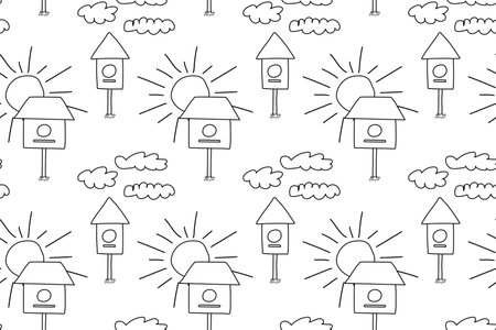 Black and white seamless coloring page with birdhouses, fluffy clouds, and radiant suns, ideal for creative projects.のイラスト素材