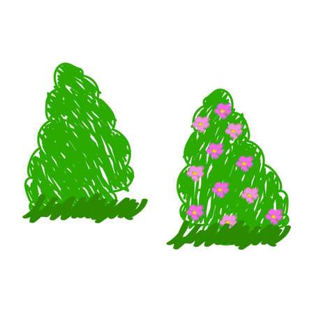 Two hand-drawn green bushes, one plain and one decorated with pink flowers, on a white background.のイラスト素材